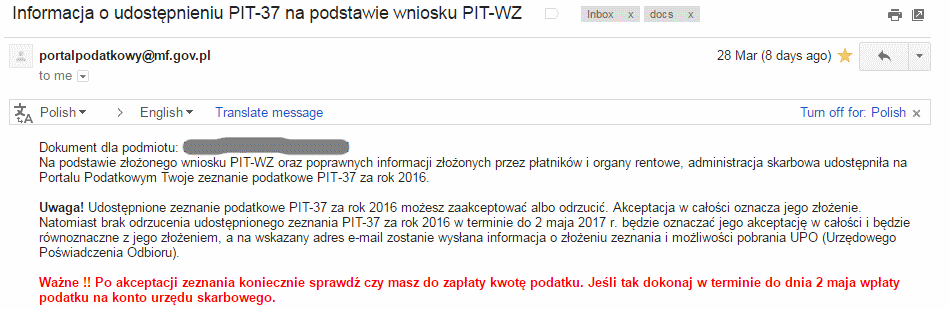 налоговая декларация PIT подтверждение