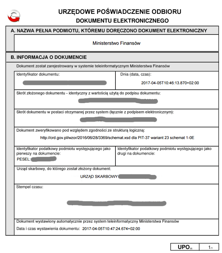 UPO - подтверждение подачи налоговой декларации PIT в Польше