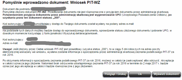 подтверждение отправки заявки на заполнение декларации PIT-WZ