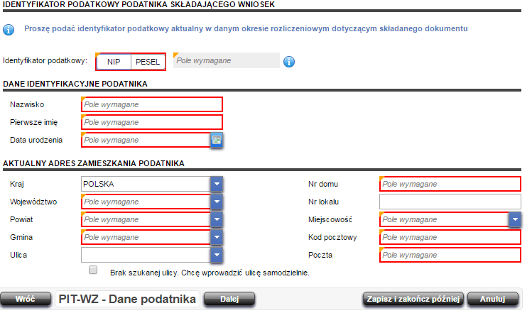 заполнение заявки PIT-WZ для налоговой декларации